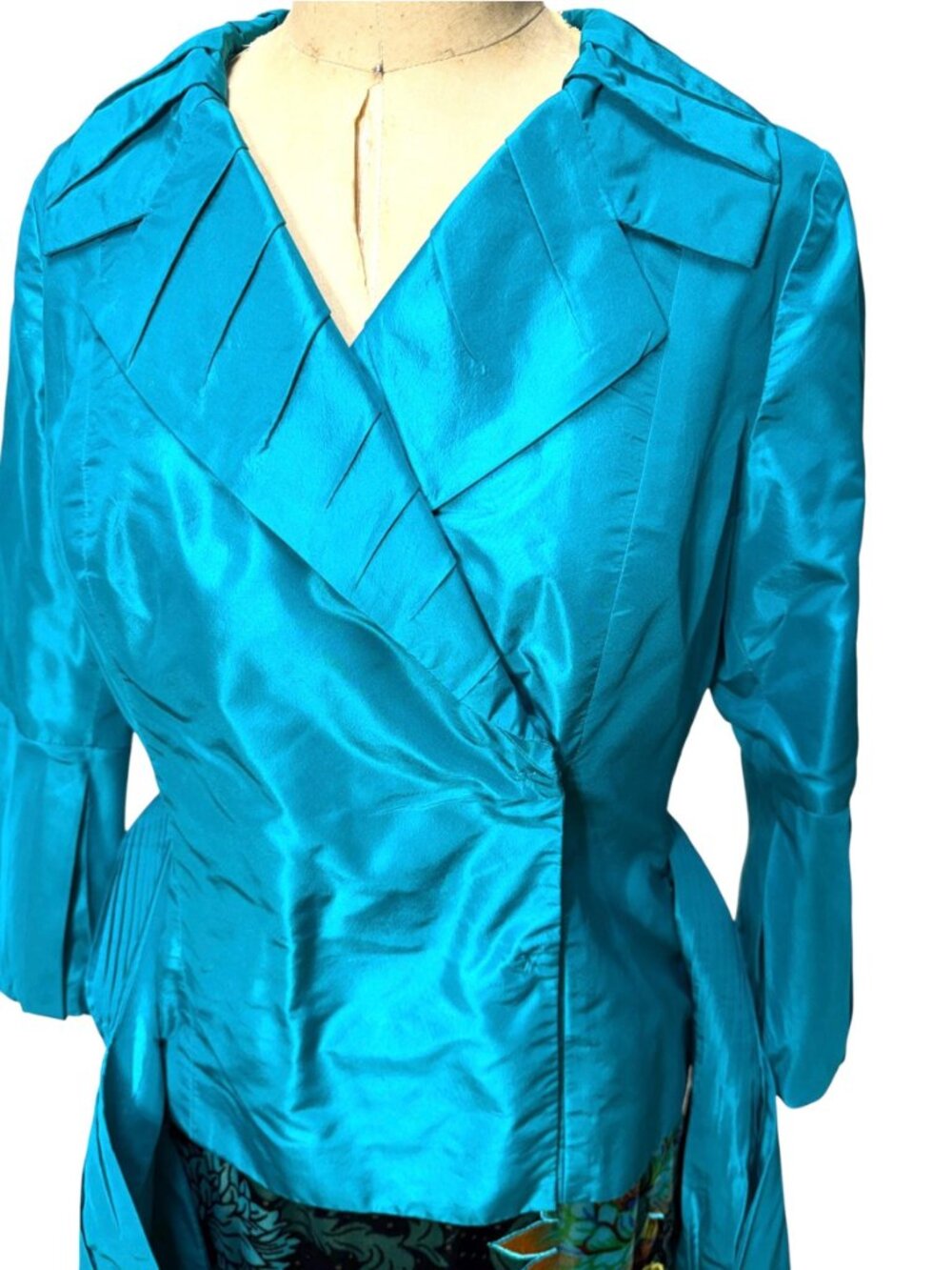 Vintage CARLISLE Teal Silk Dupioni Wrap Jacket /Evening Blouse w/ Ruched Collar - Picture 7 of 11